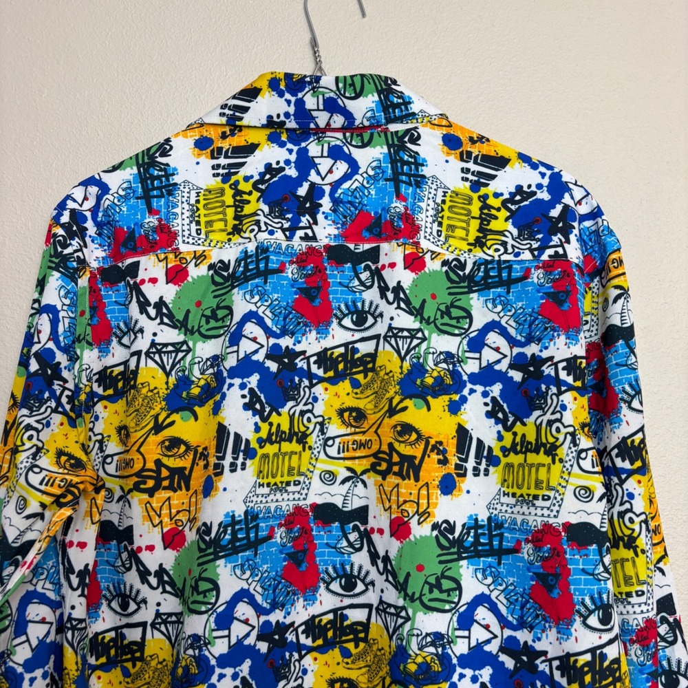 Suslo Couture Mens Slim Fit Graffiti Pop Art Button Down Shirt Multi Color M - Picture 4 of 13